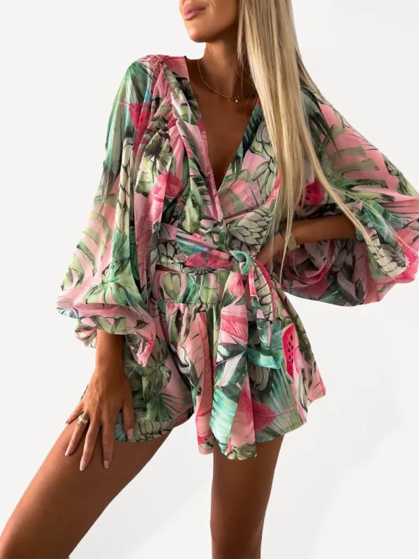 Women's Nautical Print Puff Sleeve Tie Wrap Playsuit