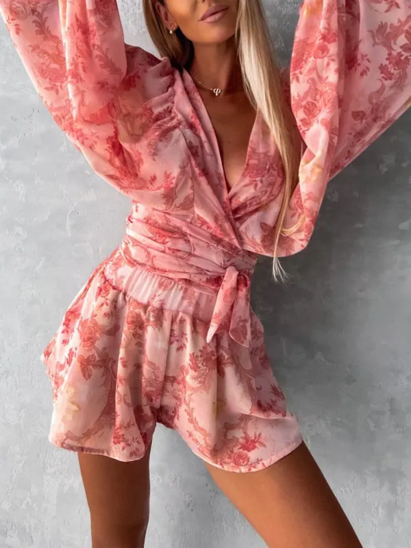 Women's Nautical Print Puff Sleeve Tie Wrap Playsuit